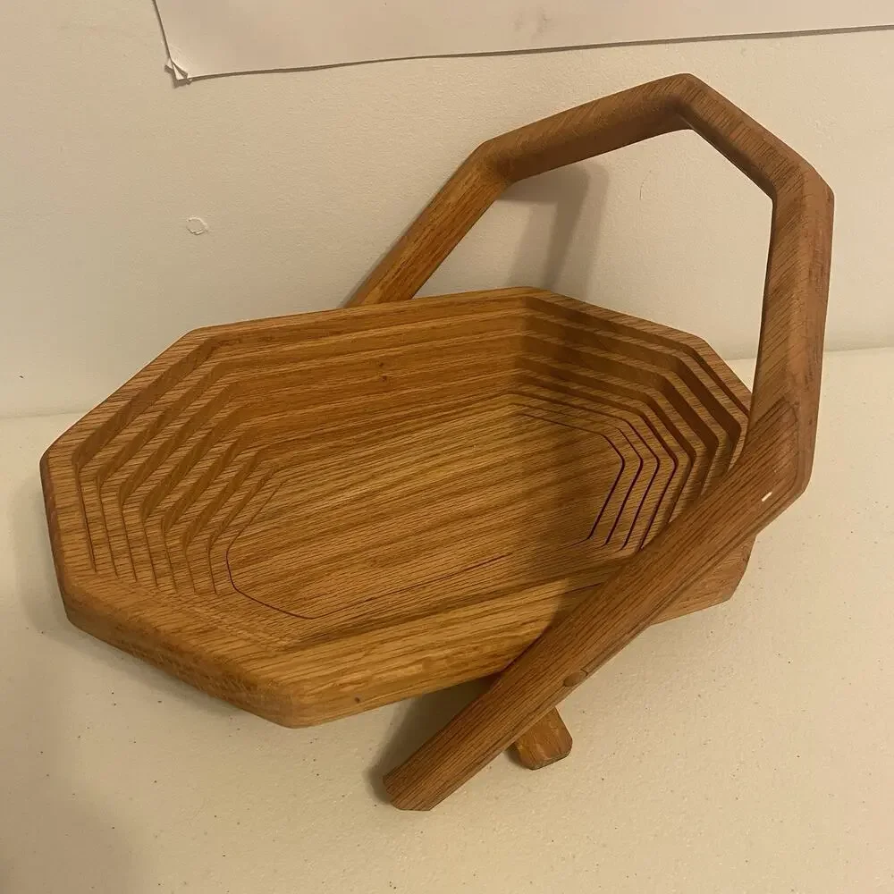 Vintage 90s Collapsible Octagon Spiral Wood Fruits Basket Decor w/Handle 12x8”